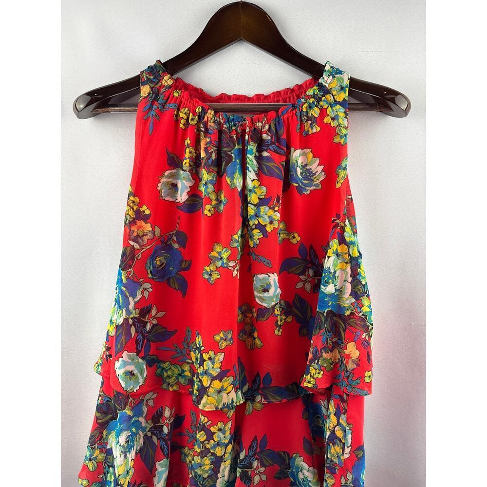 Women’s Chetta B Size 10 Bright Orange Halter Midi Dress w/ Blue Florals - Picture 2 of 5